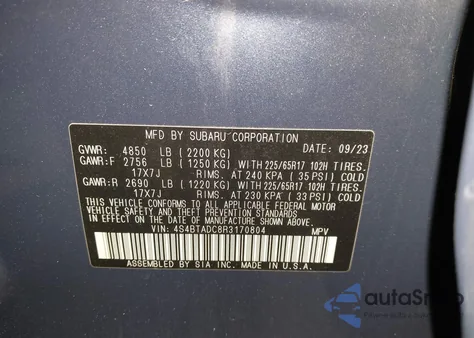 2024 Subaru Outback Premium from USA, damaged, VIN 4S4BTADC8R3170804